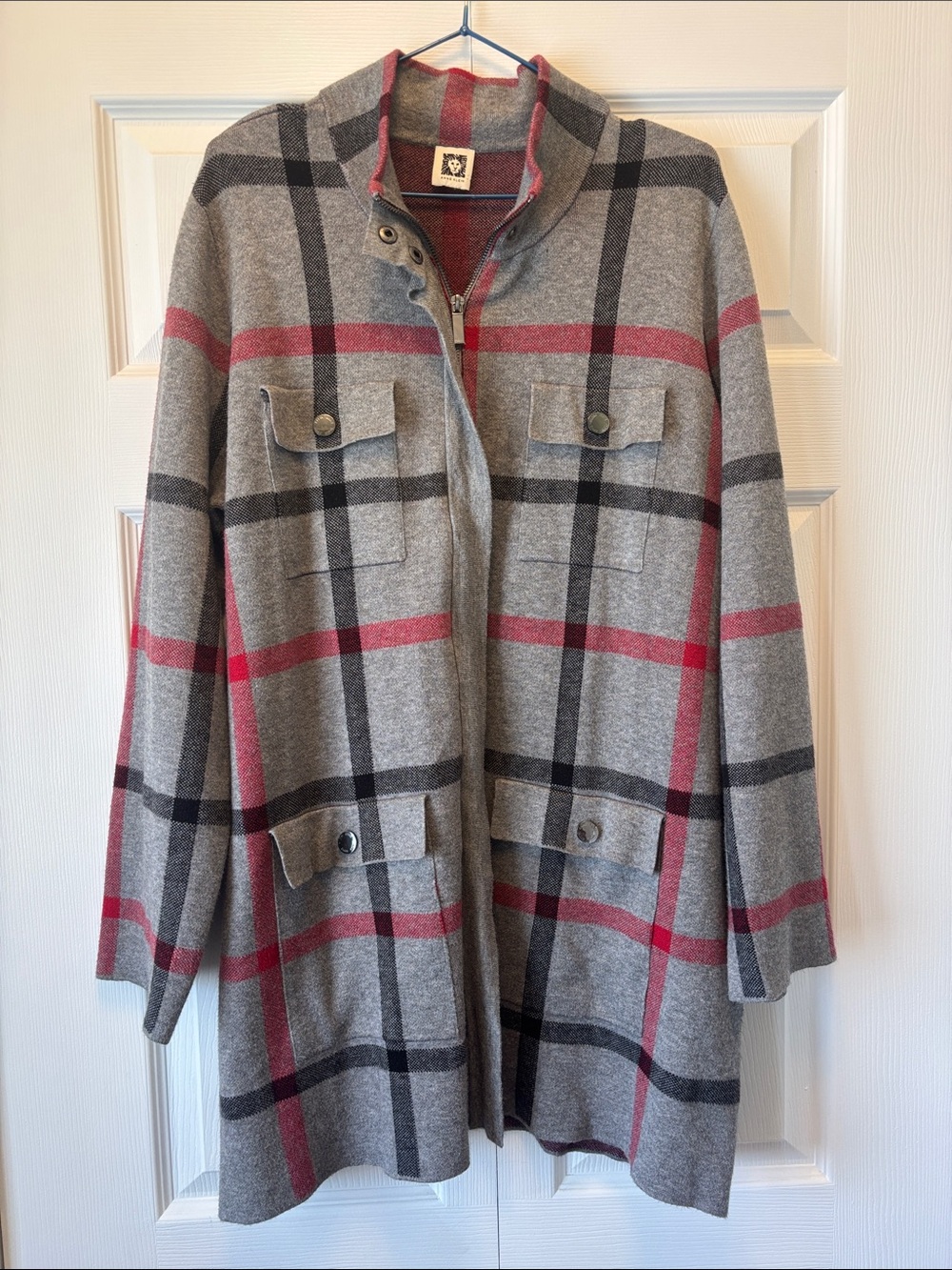 Anne Klein Grey Sweater Jacket with Red Plaid Accents
